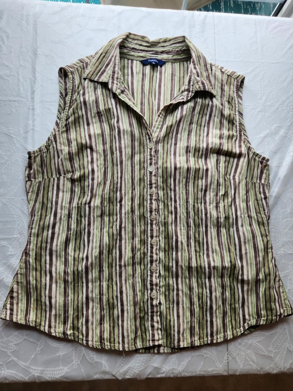 Reitman's Button Up Sleeveless Green and Brown Striped Blouse.
